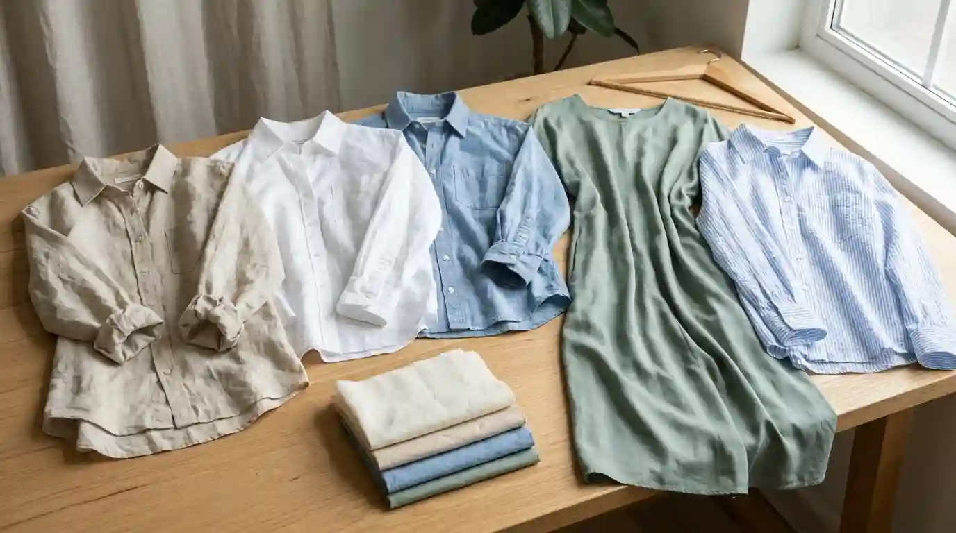 Lightweight linen, cotton, chambray, and lyocell garments arranged with summer fabric swatches.