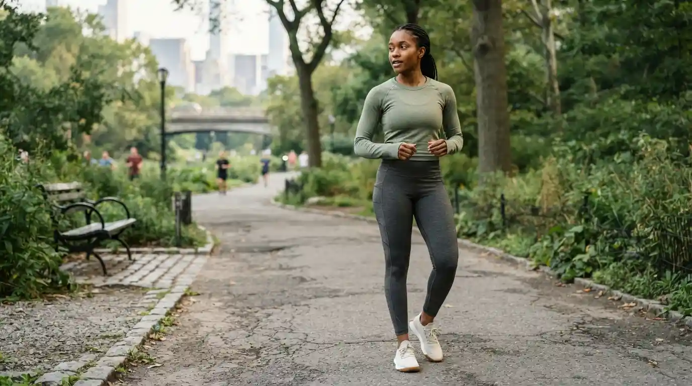 Athlete wearing modern sustainable sportswear while exercising outdoors in a green park.