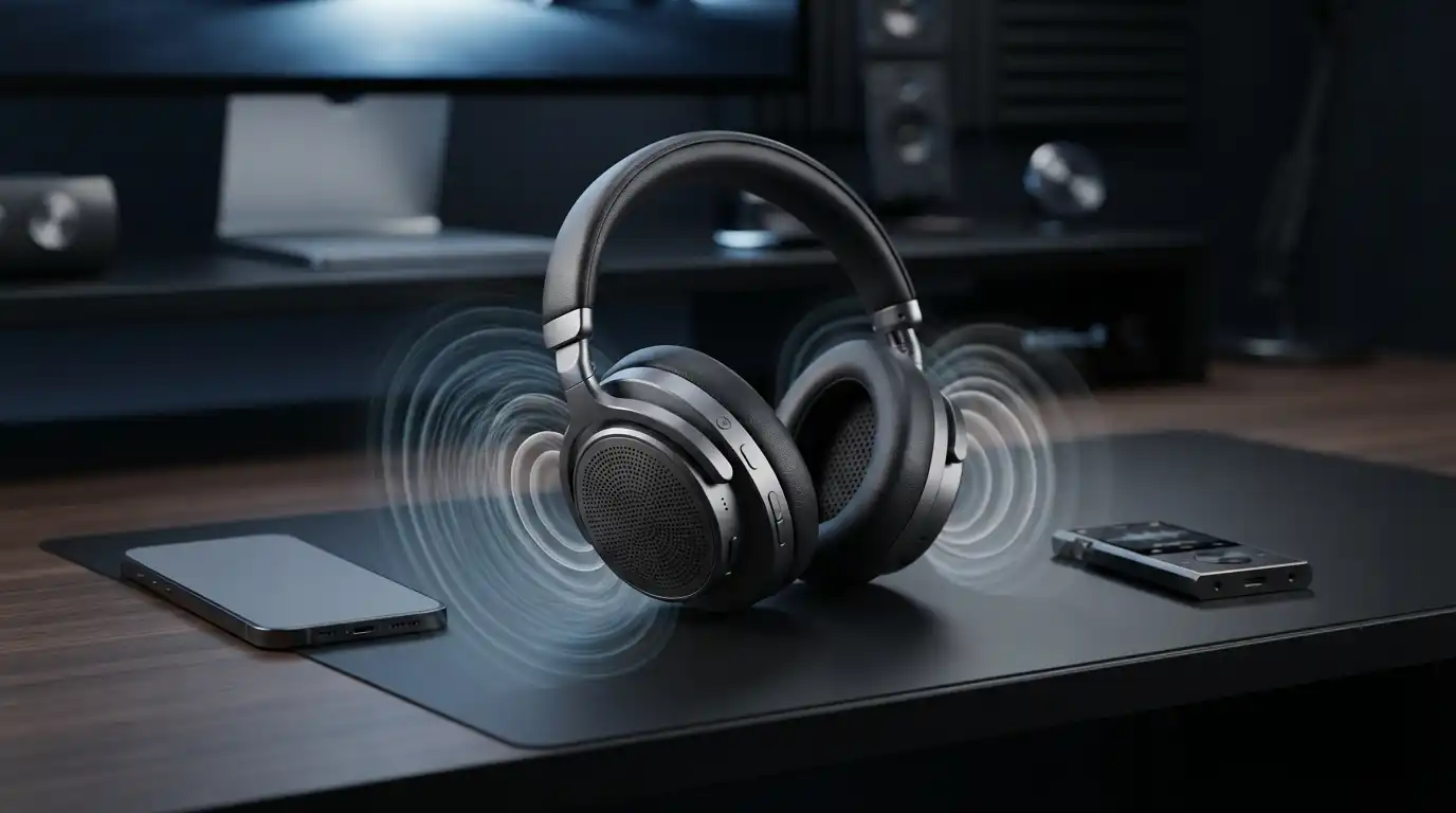 Modern wireless noise-cancelling headphones surrounded by subtle sound-wave technology on a contemporary desk