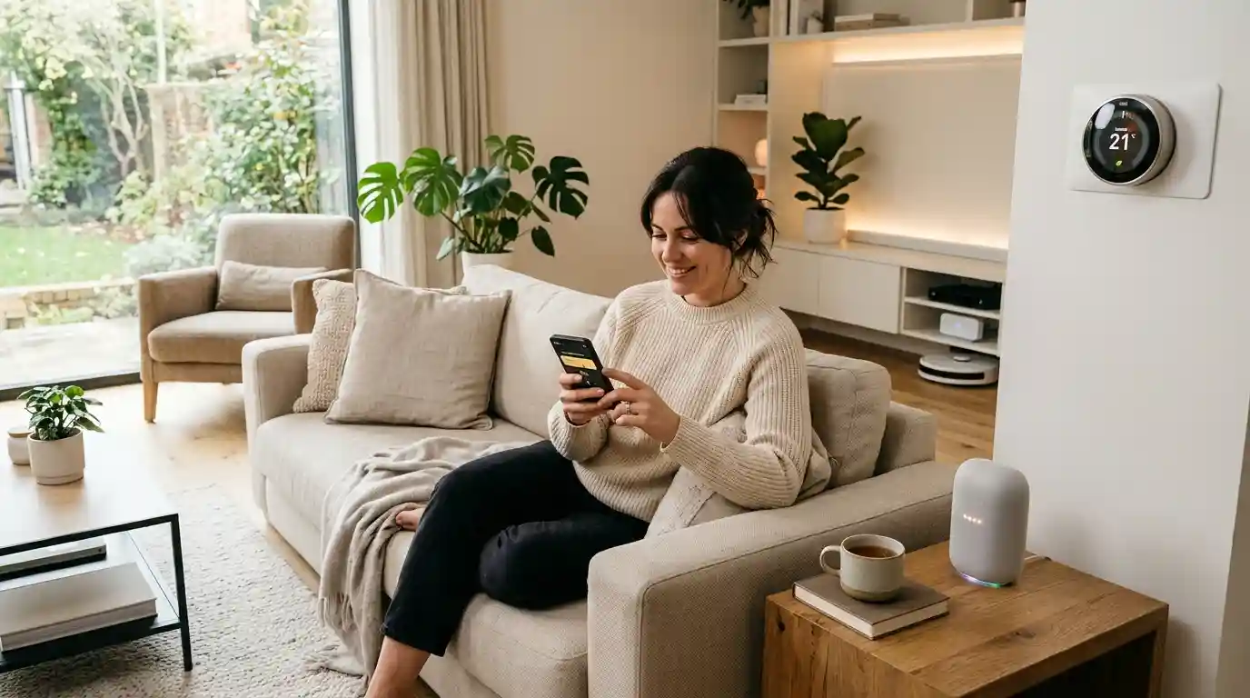 A person controlling smart home lighting with a smartphone in a modern living room.