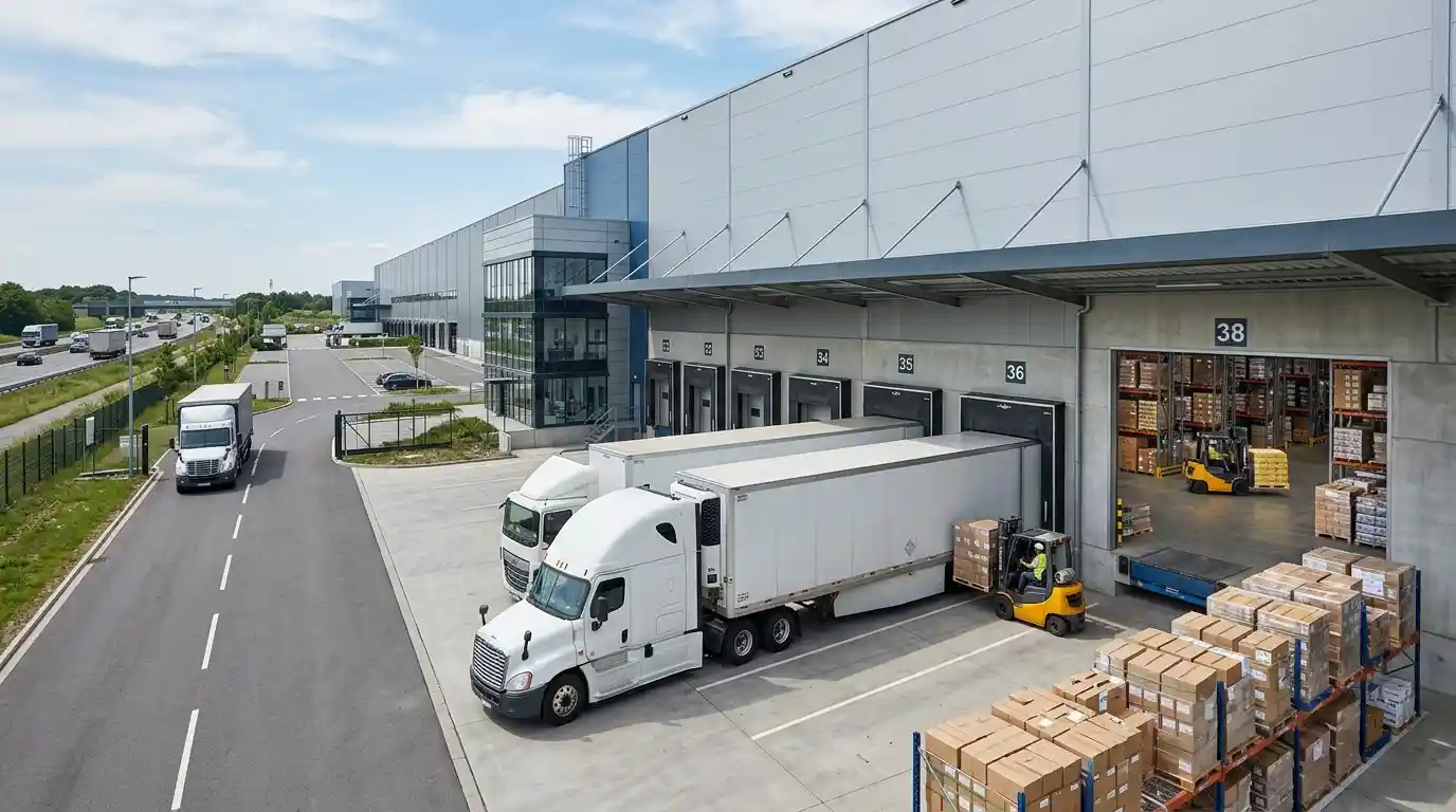 Freight truck and forklift operating outside a modern warehouse distribution facility.
