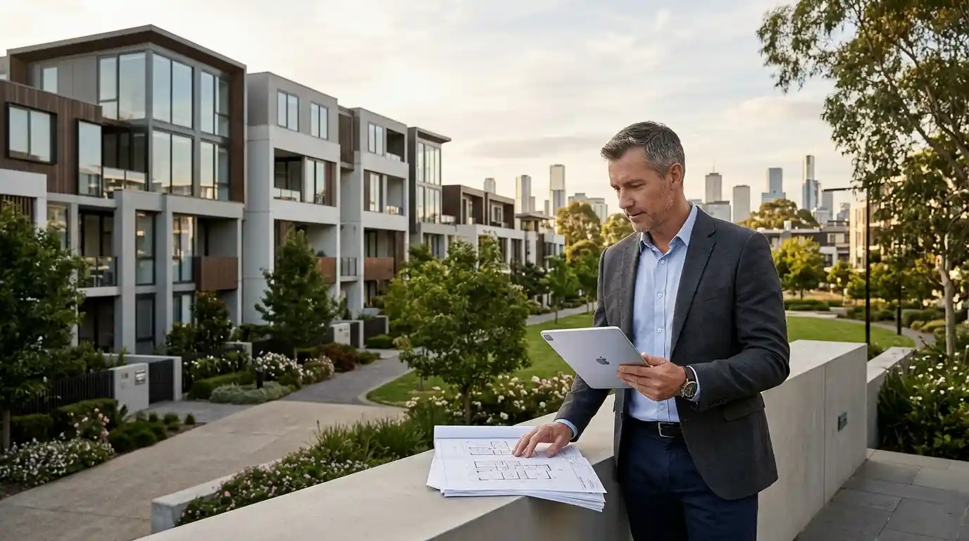 Property investor reviewing plans outside a modern residential building.