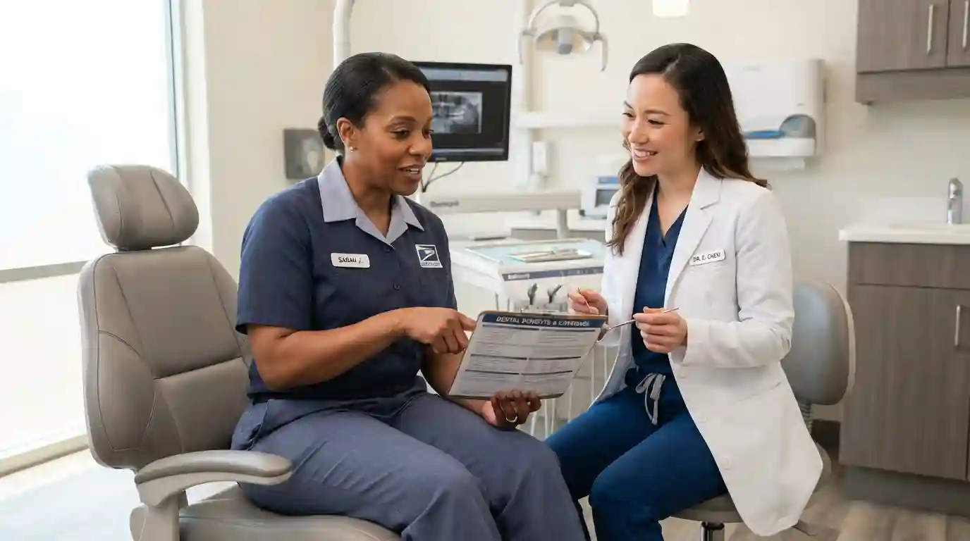 Postal worker discussing dental insurance coverage with a dentist in a modern clinic