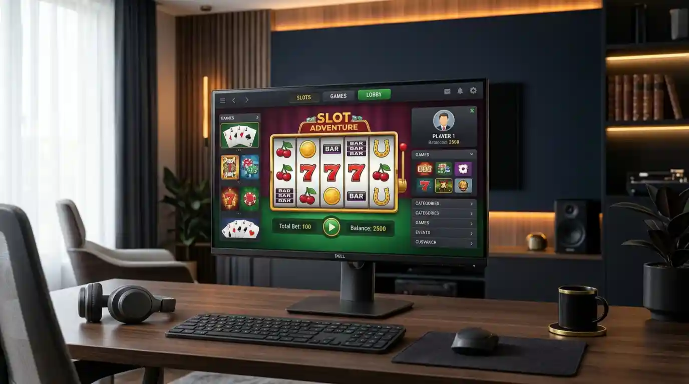 Desktop monitor displaying a casino-style gaming interface with slot reels in a modern room.