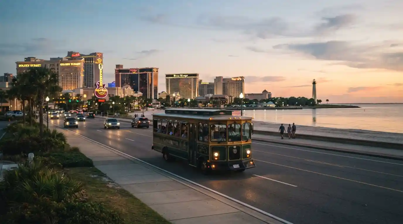 Casino shuttle traveling through Biloxi near the Mississippi Gulf Coast casino district