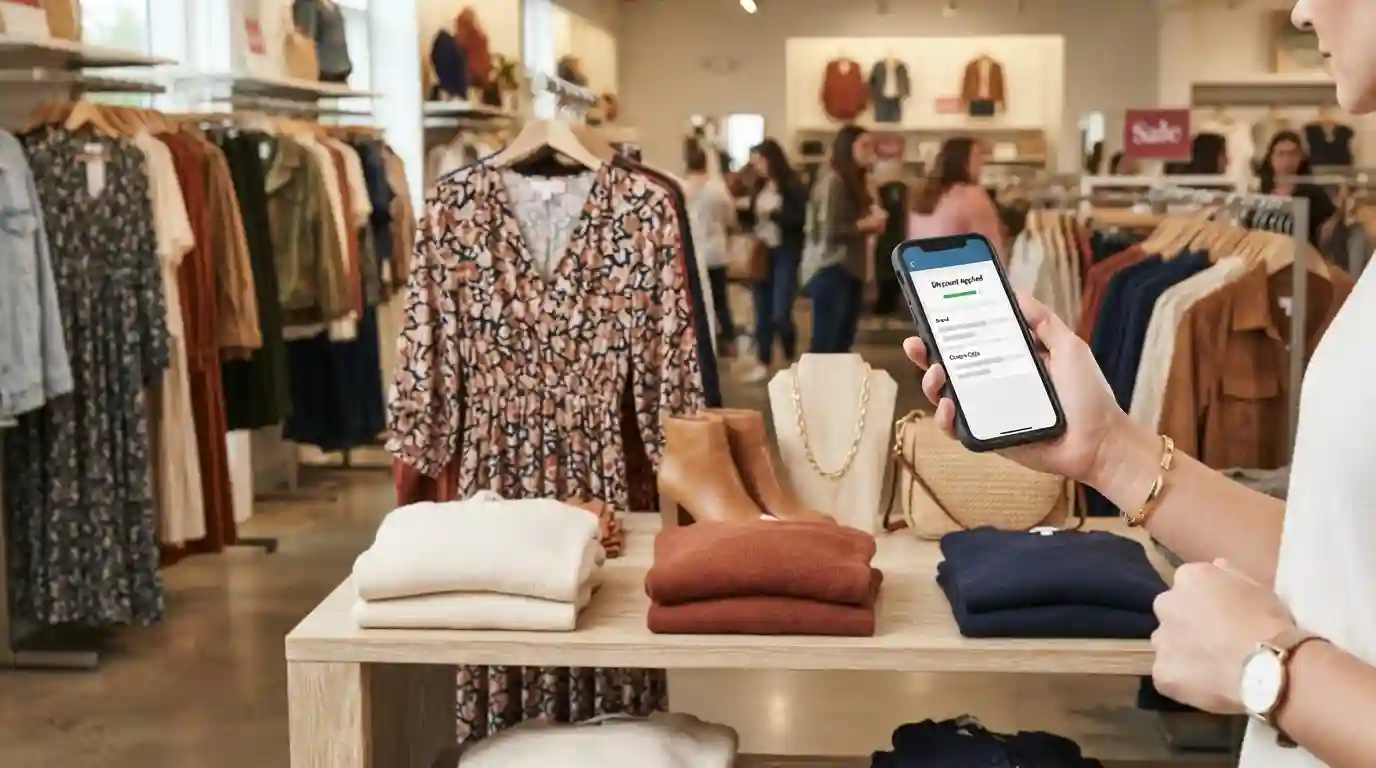 Shopper using a smartphone while browsing women's fashion and looking for a checkout discount