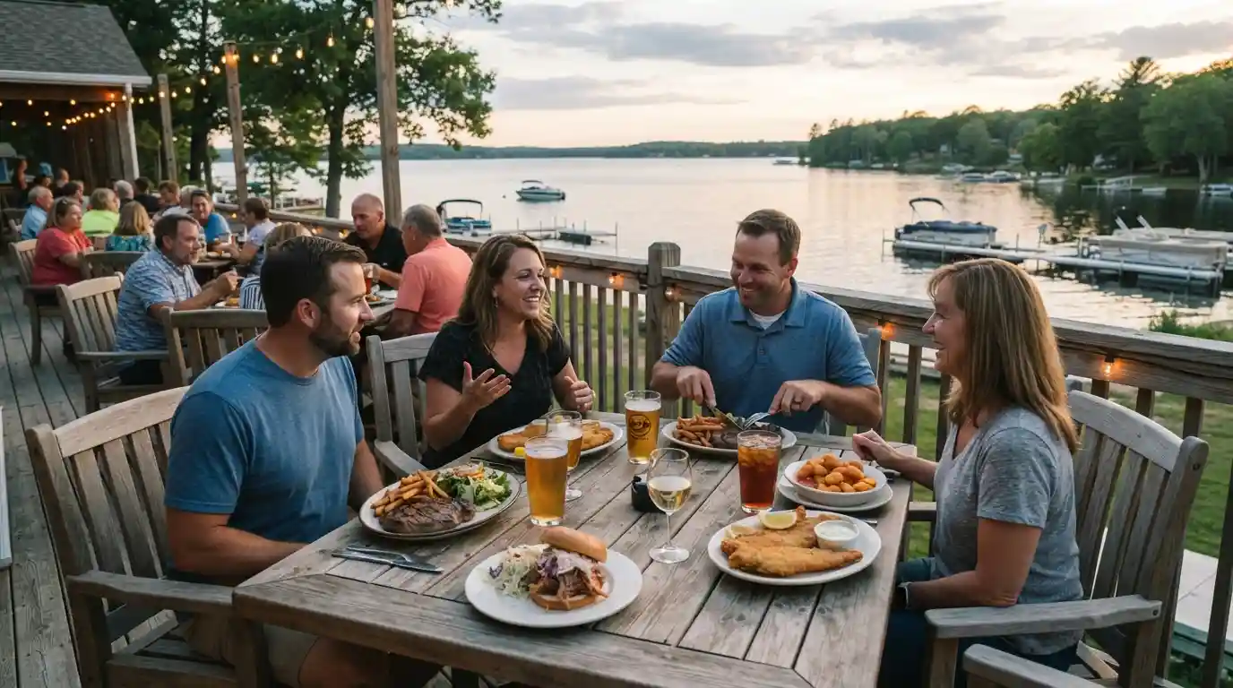 Welcoming lakeside-style dining setting with food in Chetek, Wisconsin
