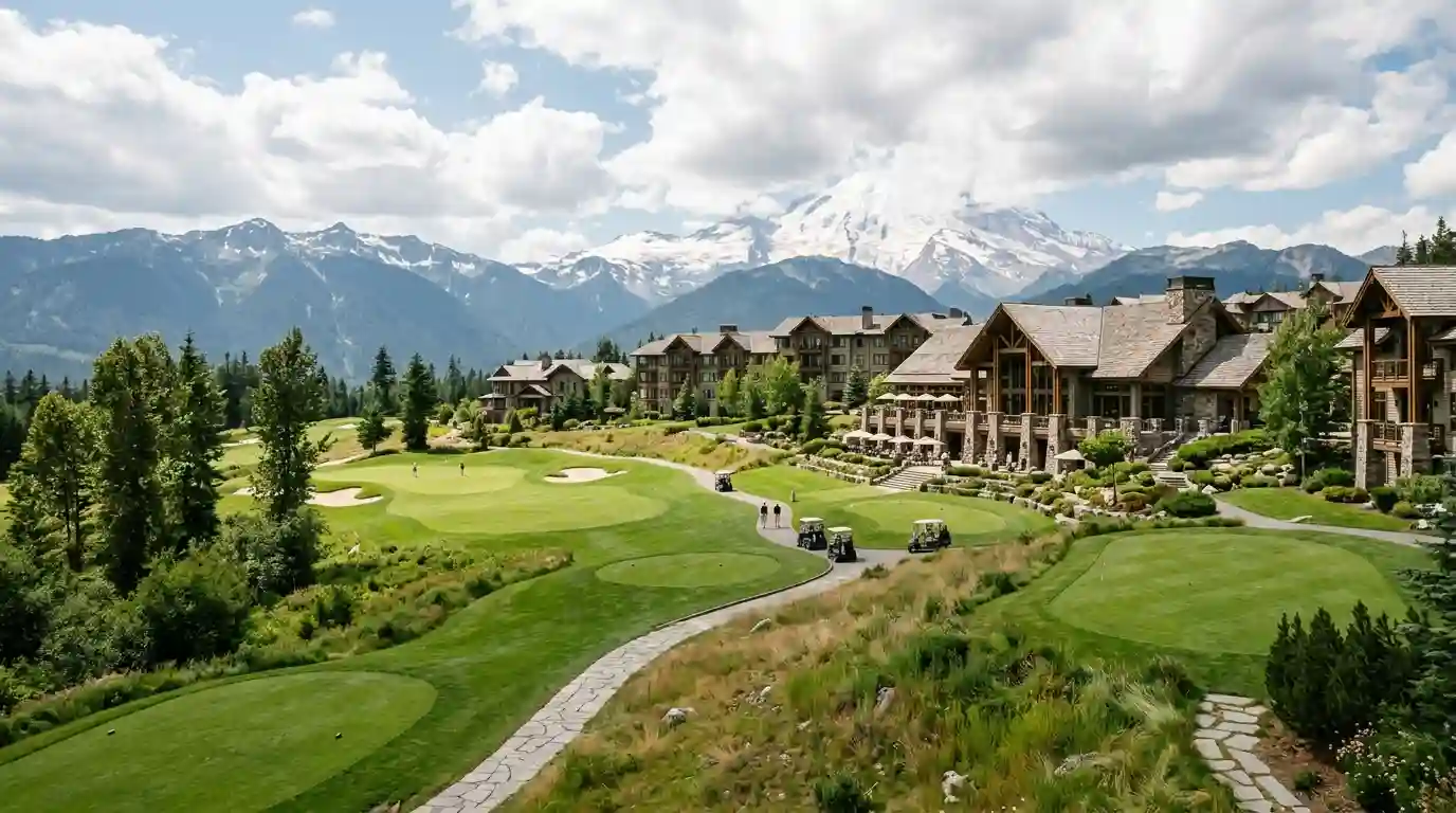 Mountain resort buildings overlooking landscaped grounds and a golf course.