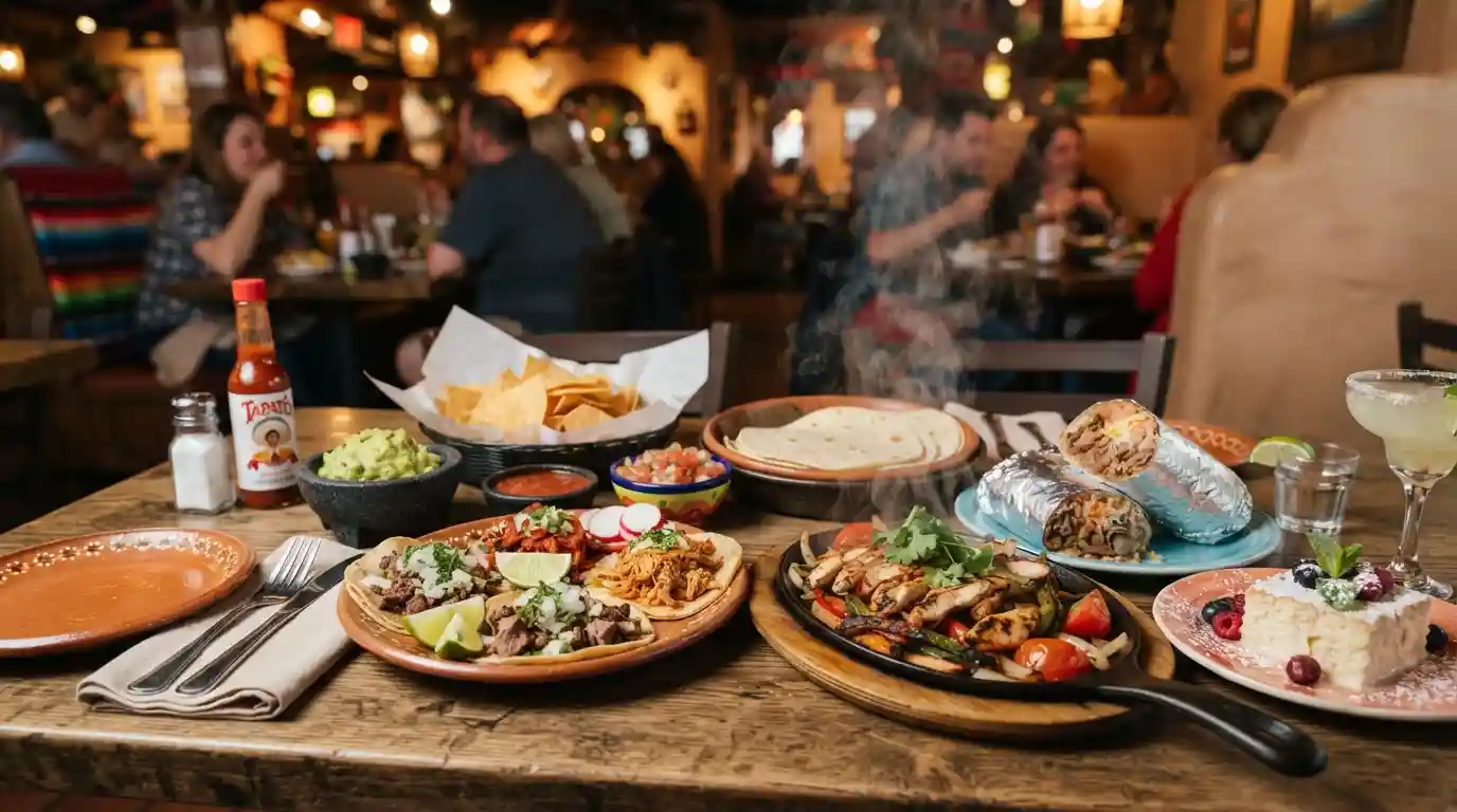 Mexican tacos, fajitas, burrito, chips, guacamole, and salsa served on a restaurant table