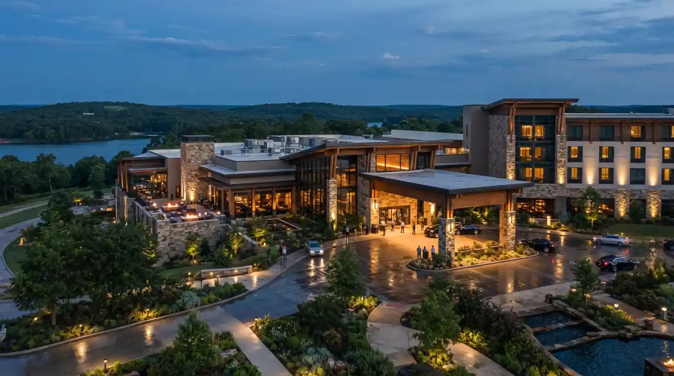 Modern casino and hotel destination in Eufaula, Oklahoma at dusk