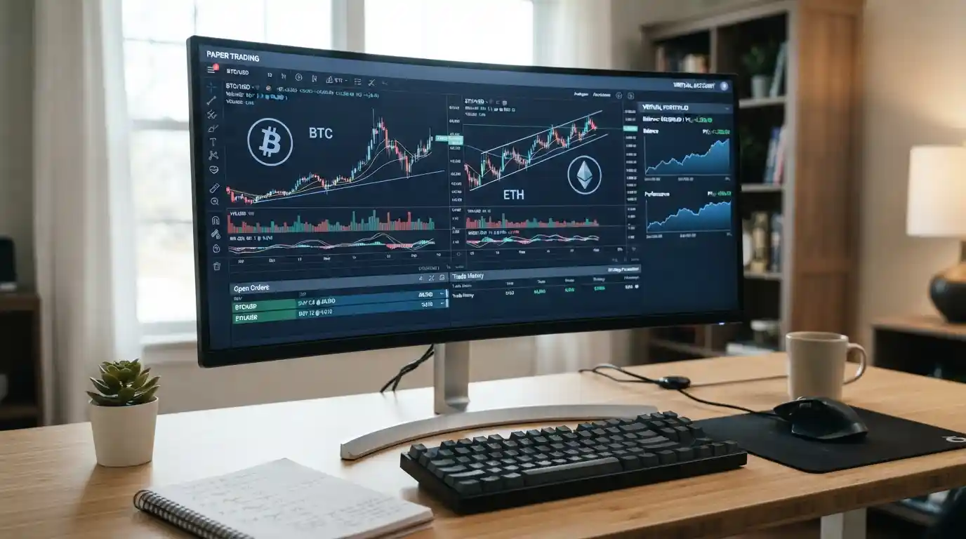Desktop trading workstation displaying simulated cryptocurrency charts and portfolio data.