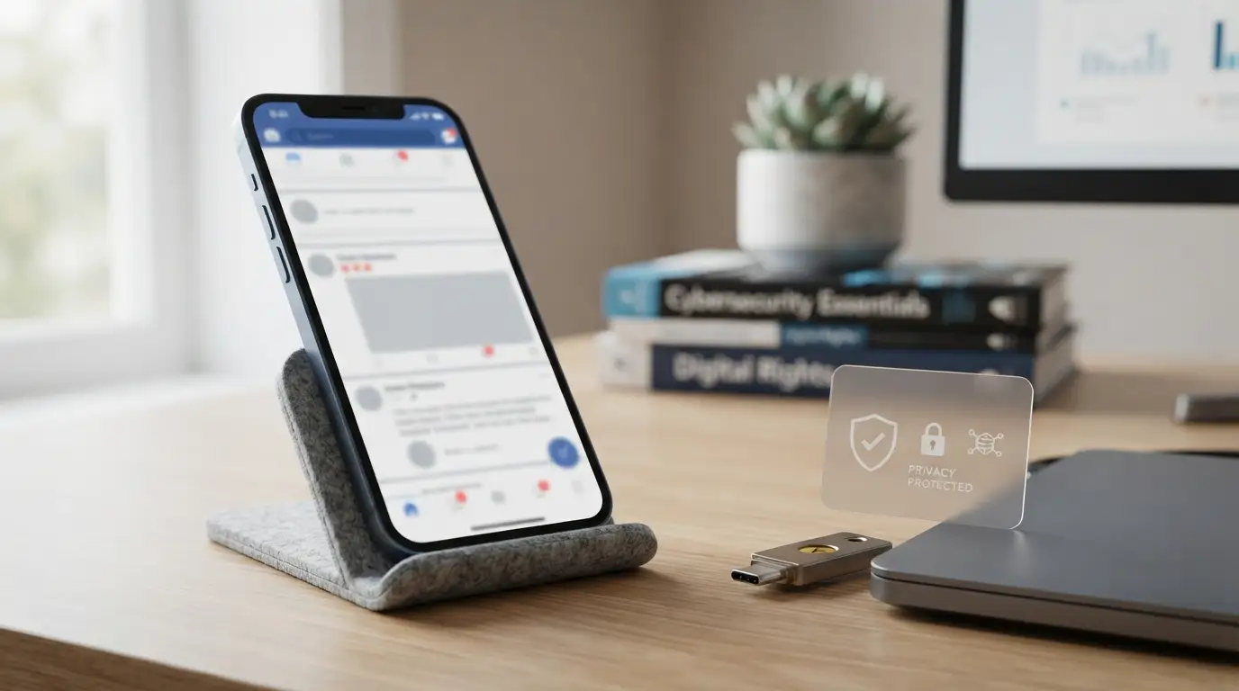 Smartphone showing a blurred social media feed beside a digital privacy shield