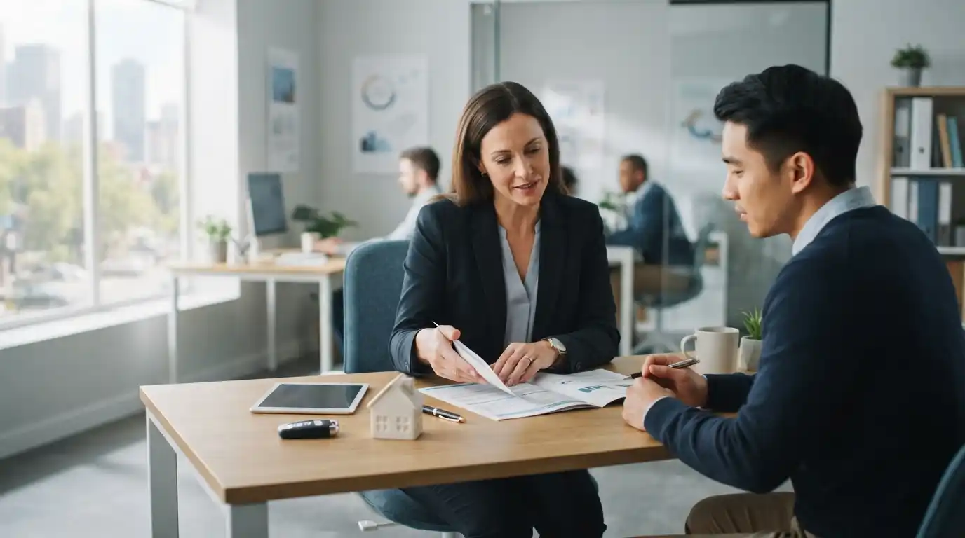 Insurance advisor reviewing coverage options with a client in a professional office