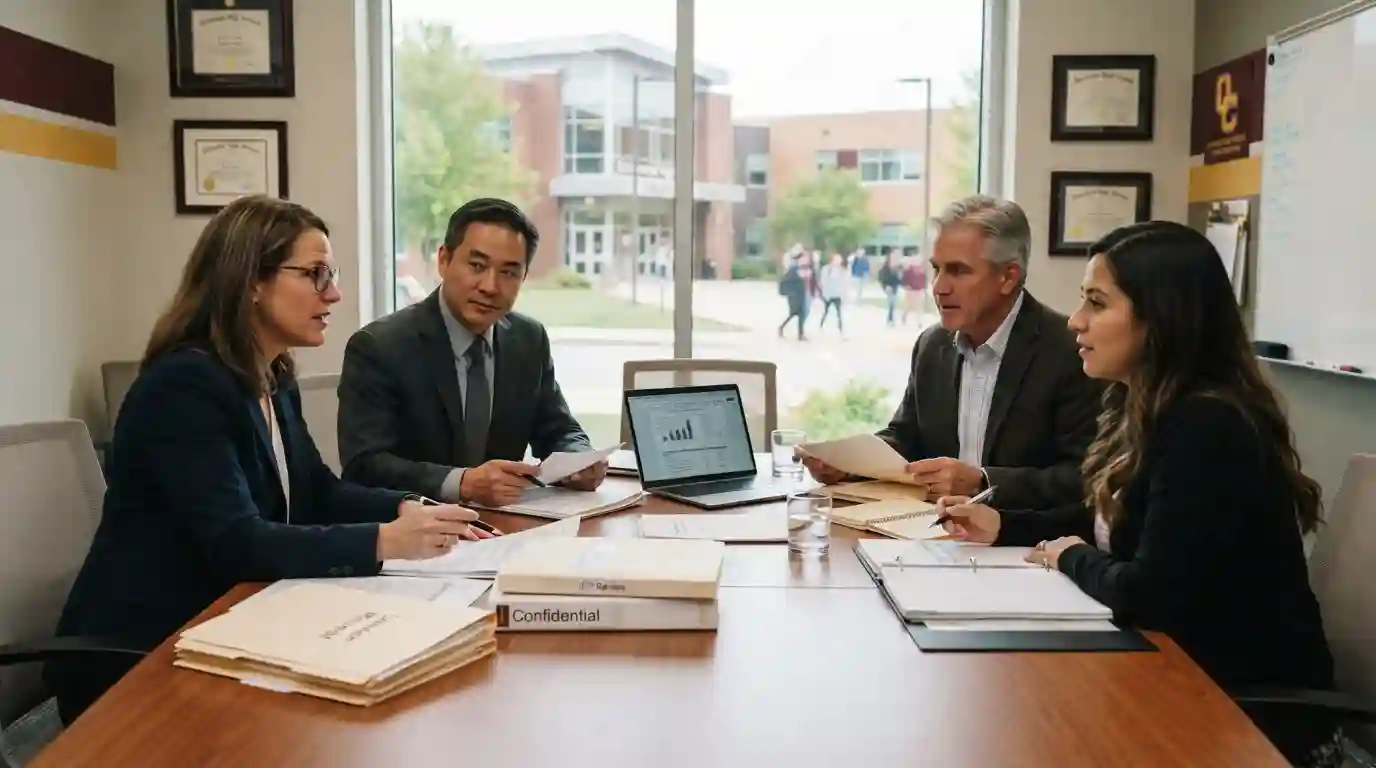 Education professionals and a parent reviewing school documents during a legal consultation