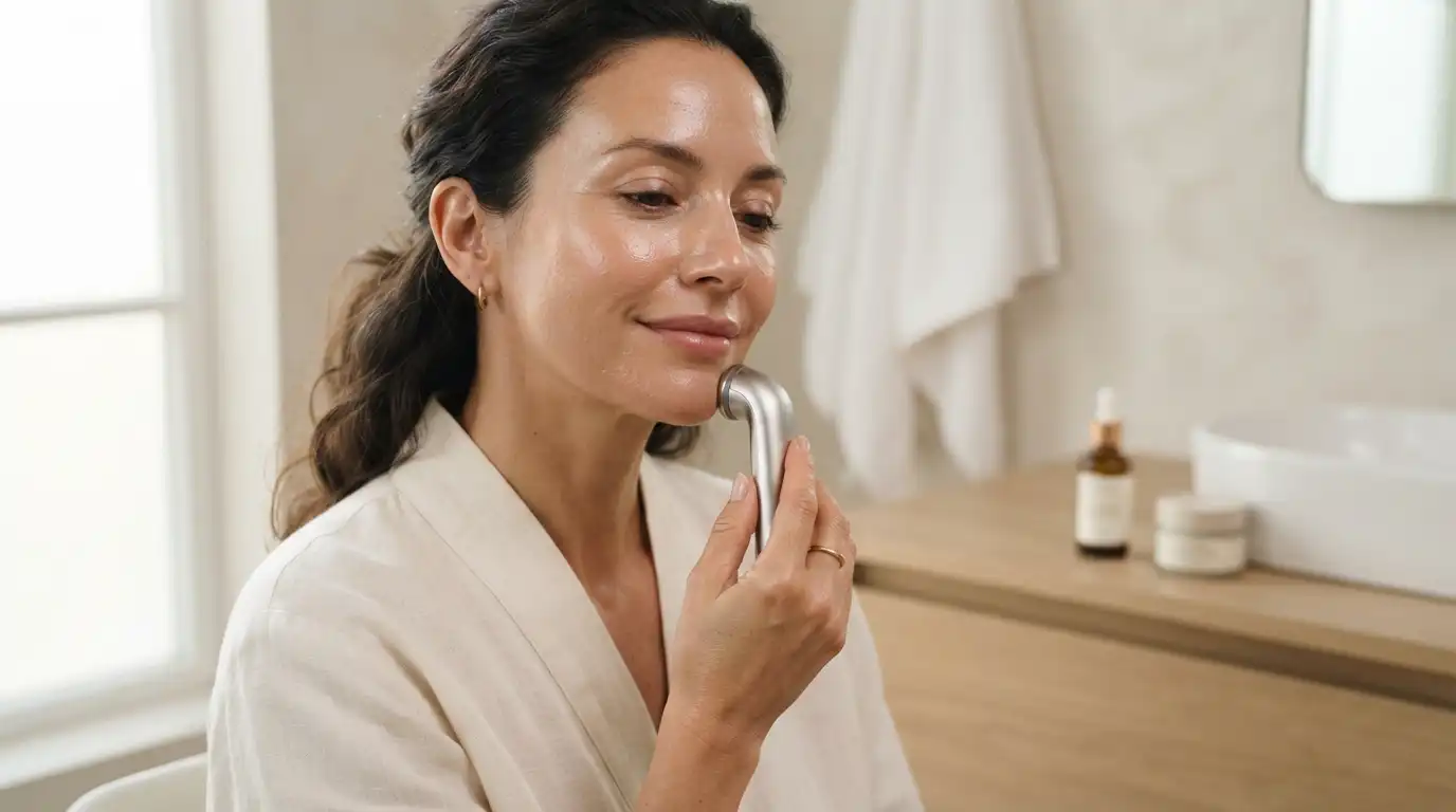 Woman using a handheld facial beauty wand during a skincare routine