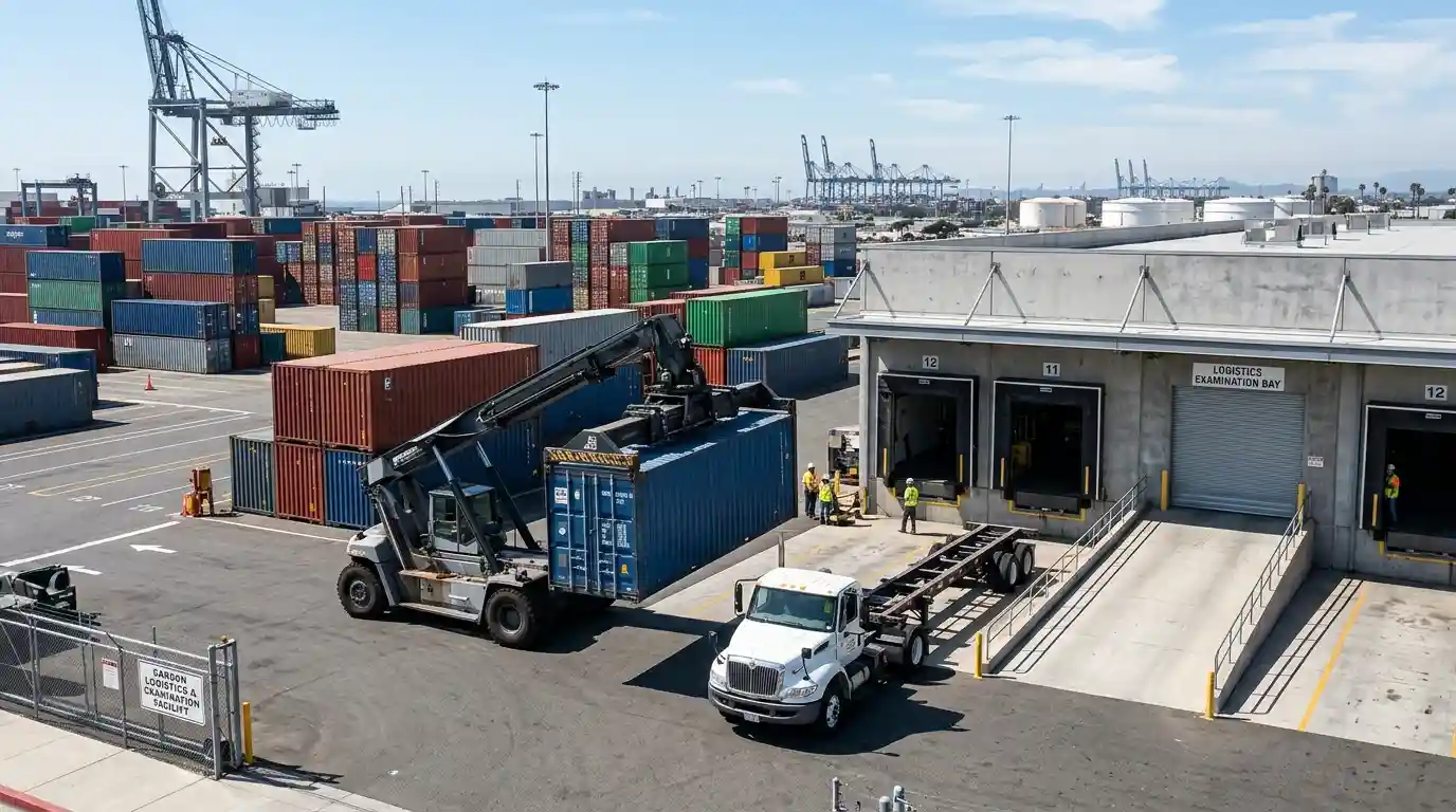 Shipping container and freight truck outside an industrial cargo-handling warehouse.