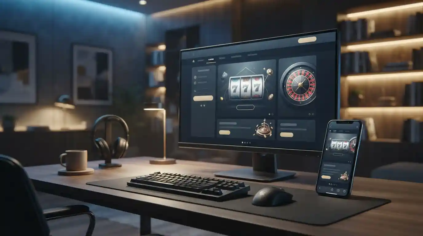 Modern online casino interface showing slot and table game imagery on a desktop monitor and smartphone