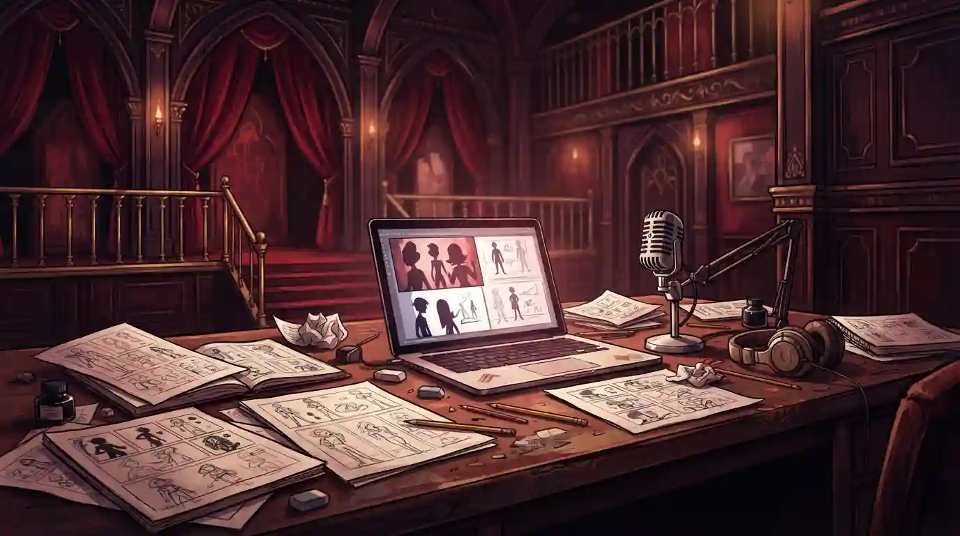 Stylized neon-lit hotel lobby with comic pages and drawing materials representing Hazbin Hotel fan-created comic culture