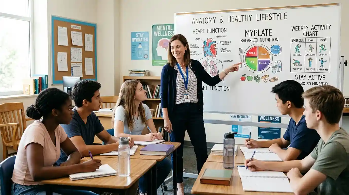 Health education teacher explaining healthy lifestyle concepts to engaged students in a classroom.