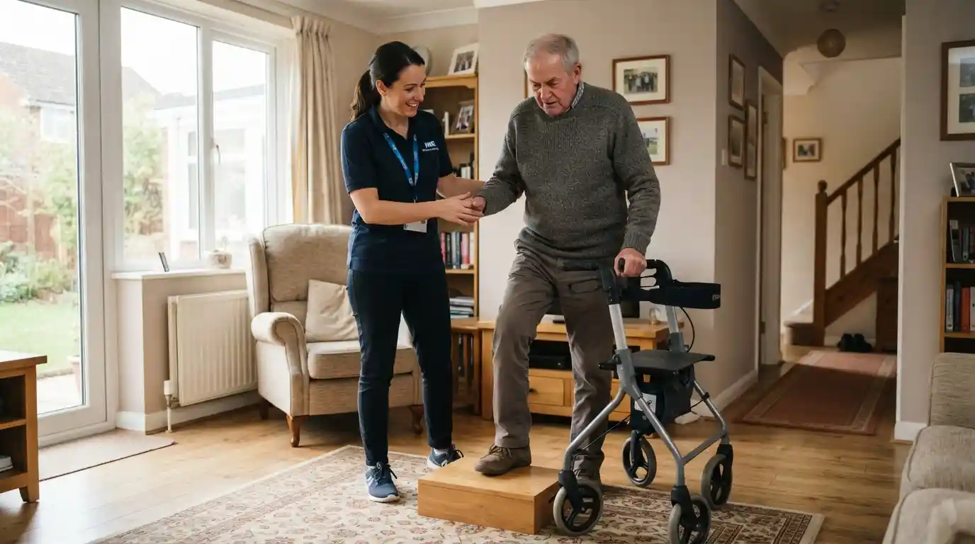 Rehabilitation therapist guiding an adult through a mobility exercise in a home setting