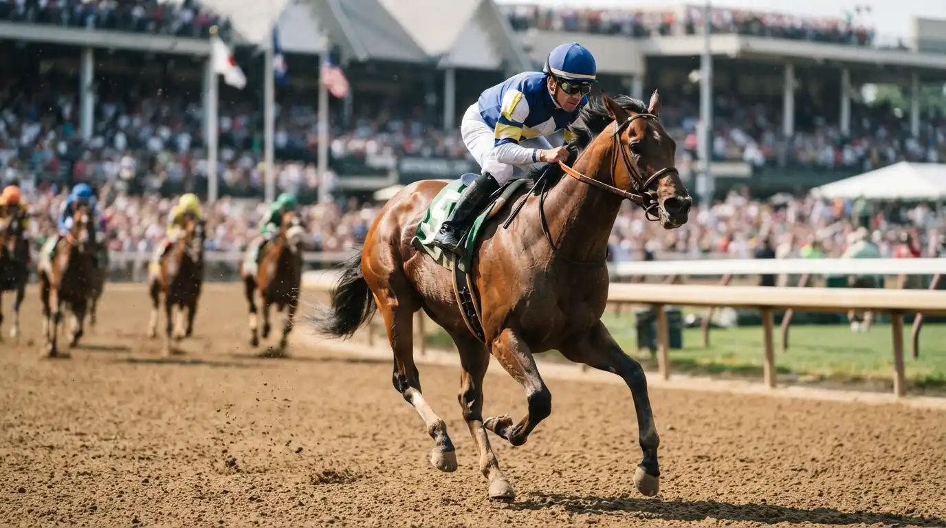 Experienced jockey riding a Thoroughbred racehorse during a competitive horse race