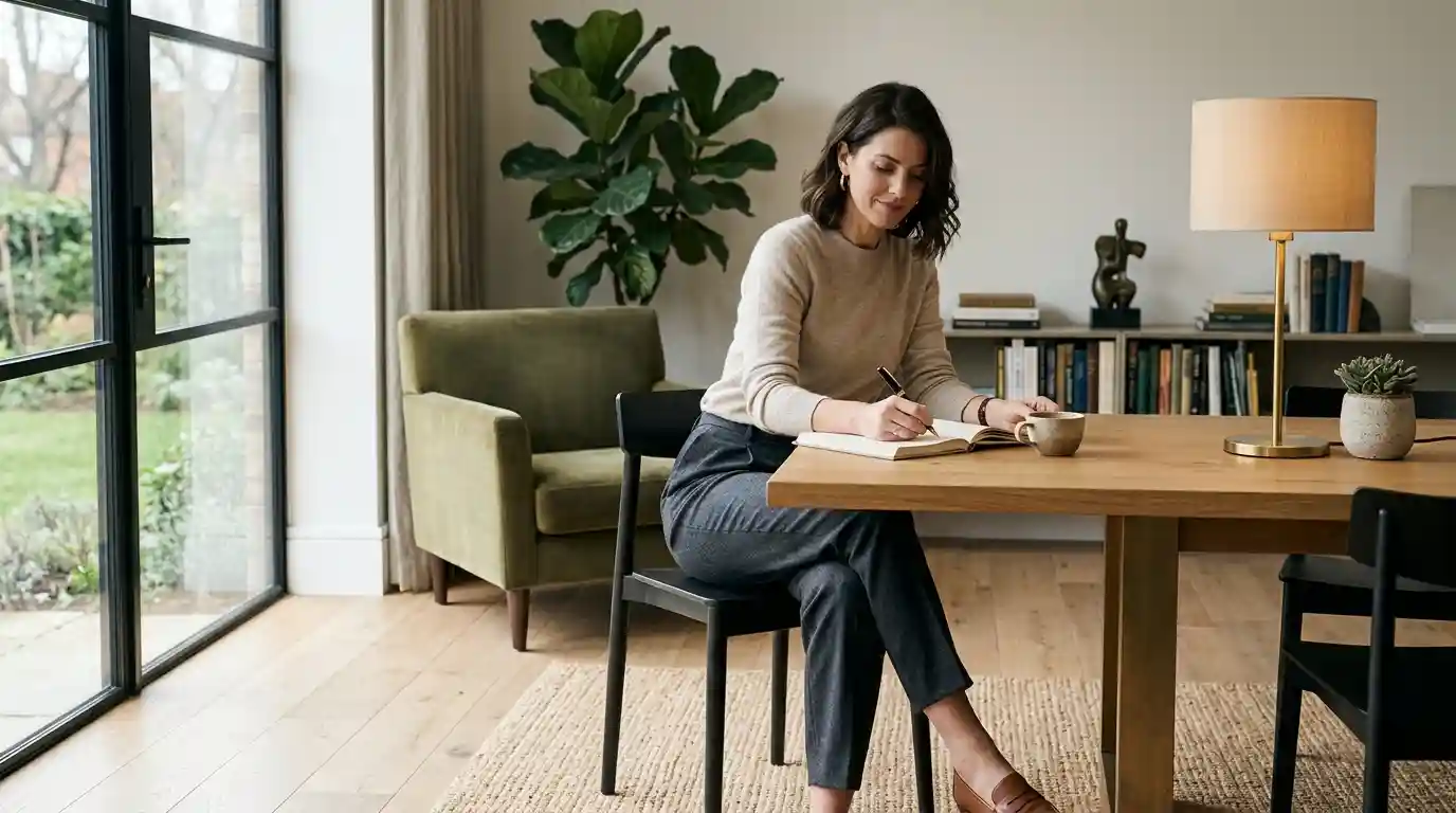 A stylish adult in a refined contemporary home office with neutral clothing and elegant furnishings.