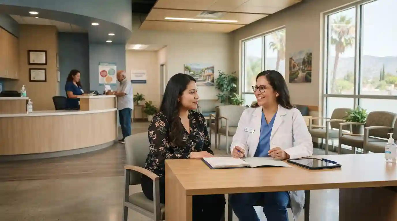 Healthcare professional speaking with a patient in a modern community health center