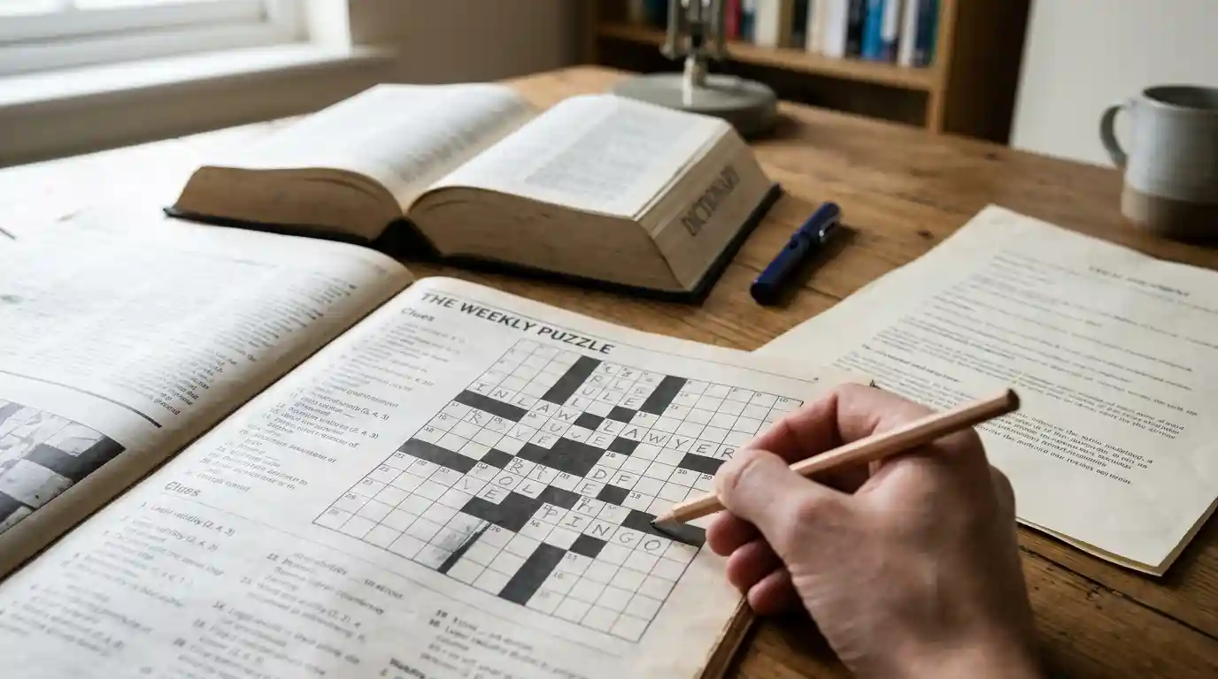 Partially completed crossword puzzle beside a legal document and dictionary on a wooden desk.
