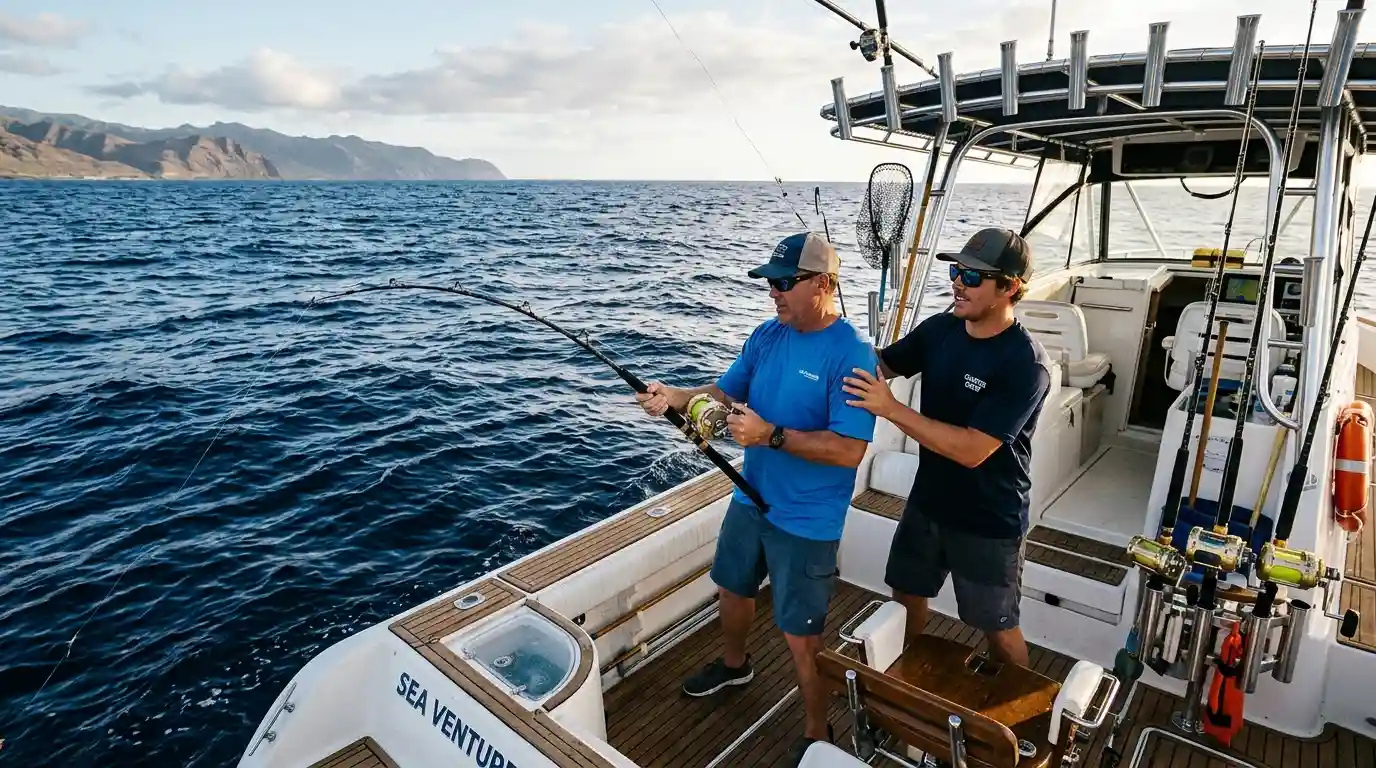 Angler fishing from a charter boat on the open ocean with a crew member nearby.