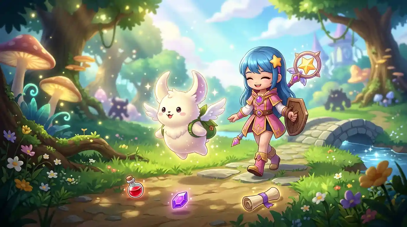 A cute fantasy pet companion beside an adventurer in a colourful MMORPG setting.