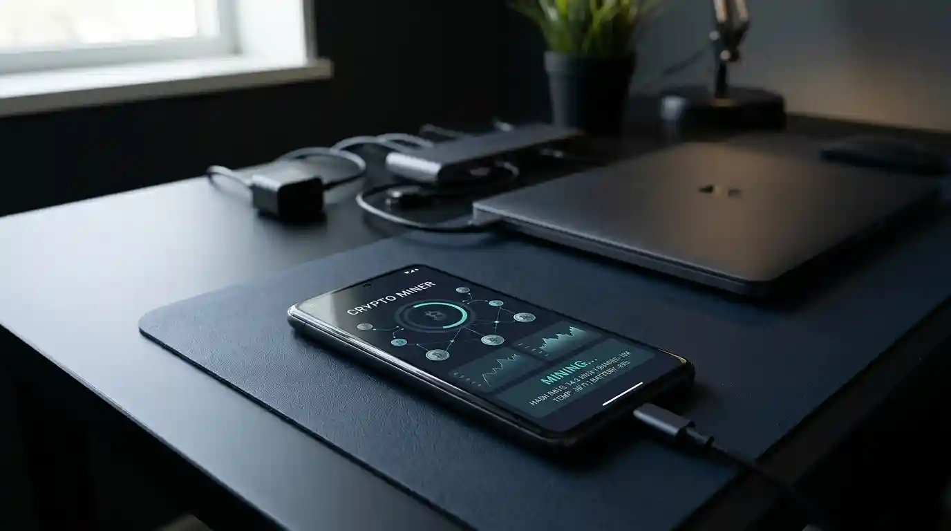 Smartphone displaying a generic blockchain dashboard beside computing equipment on a desk.
