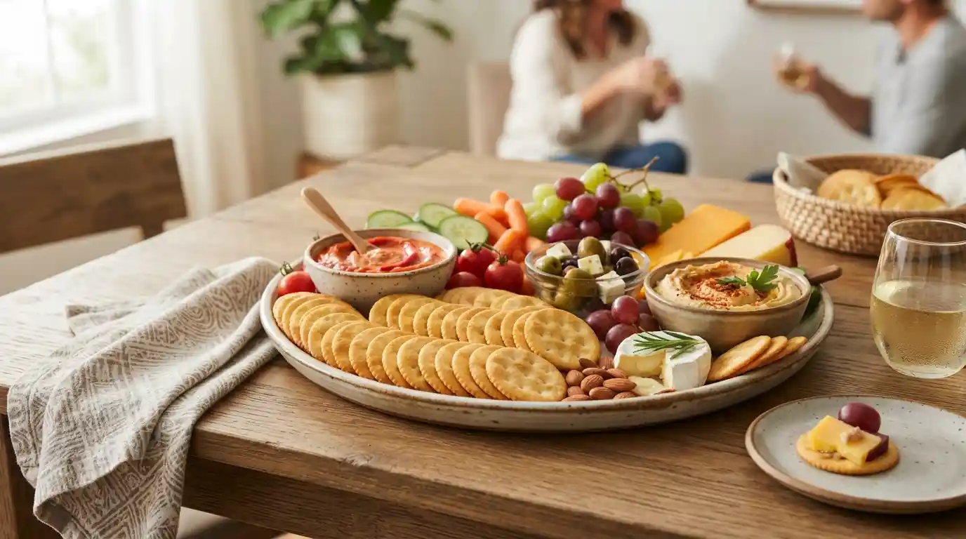 Golden crackers arranged with cheese, grapes, vegetables, and dips on a snack platter