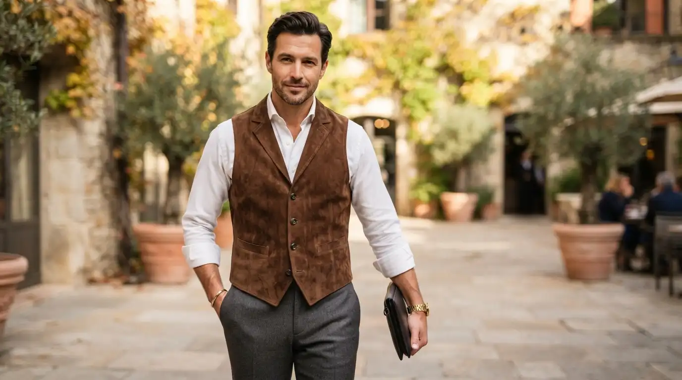 Man wearing a brown suede vest over a button-down shirt with chinos and leather boots