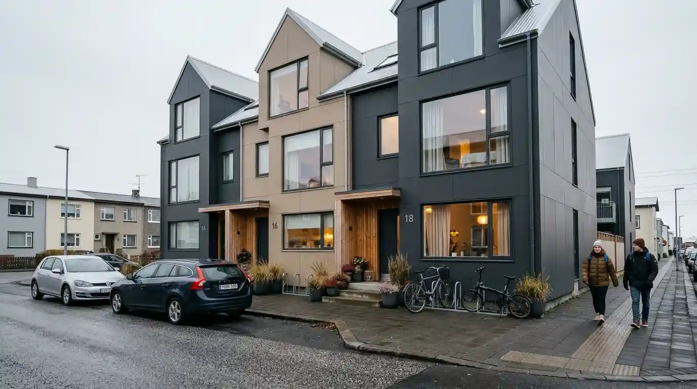 Contemporary townhouse-style accommodation in an urban Reykjavik setting under an overcast Icelandic sky.