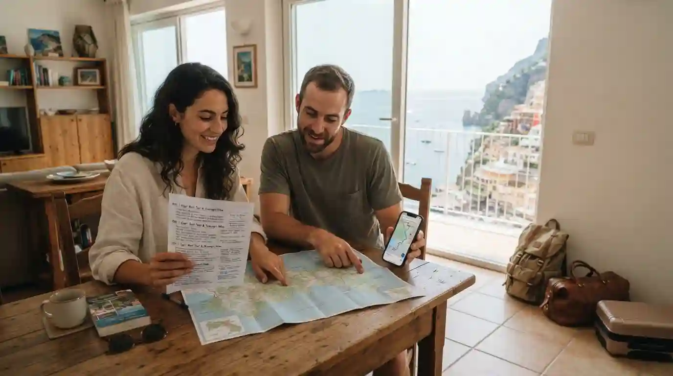 Couple planning a vacation itinerary inside a comfortable vacation rental with travel maps and luggage