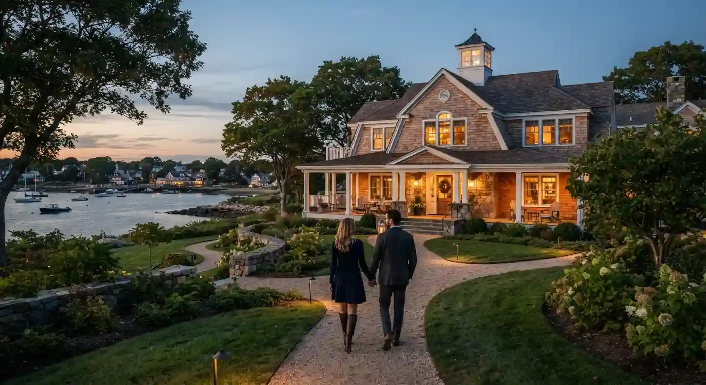 Couple walking toward an elegant Connecticut hotel overlooking a scenic waterfront