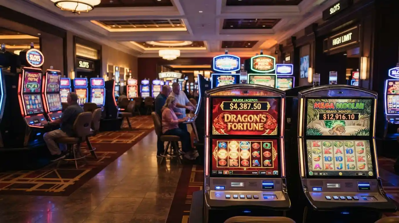 Modern casino slot machines with colorful reels and jackpot displays on a gaming floor