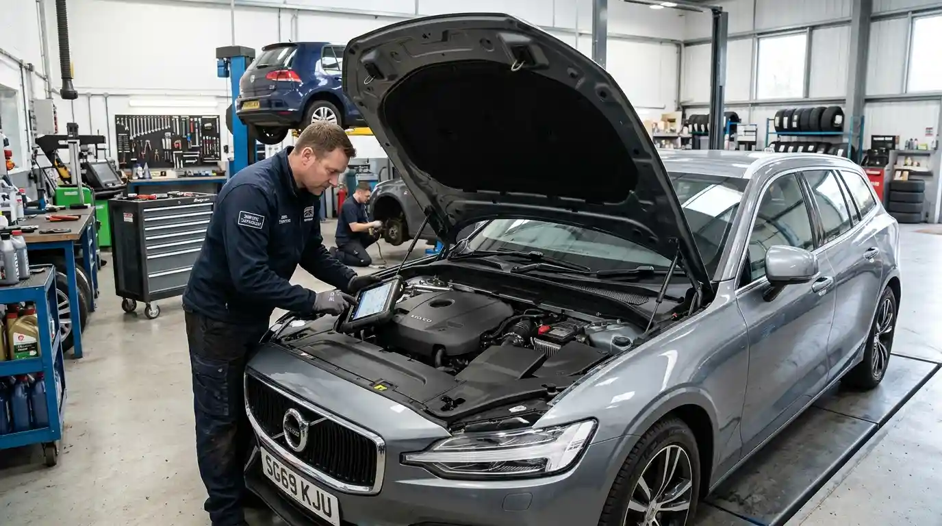 Mechanic inspecting a car engine with diagnostic equipment inside an auto repair workshop.