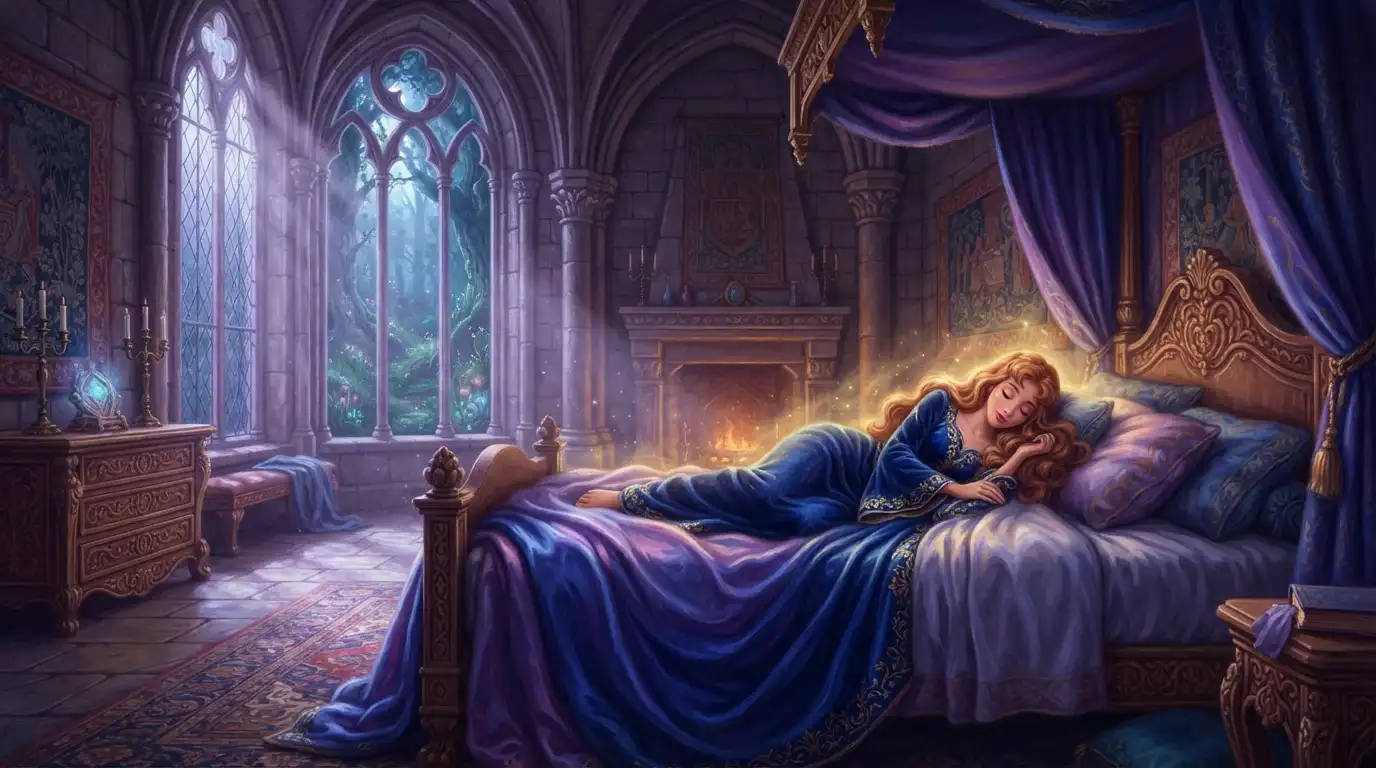 Sleeping princess resting in an enchanted castle chamber beneath soft moonlight