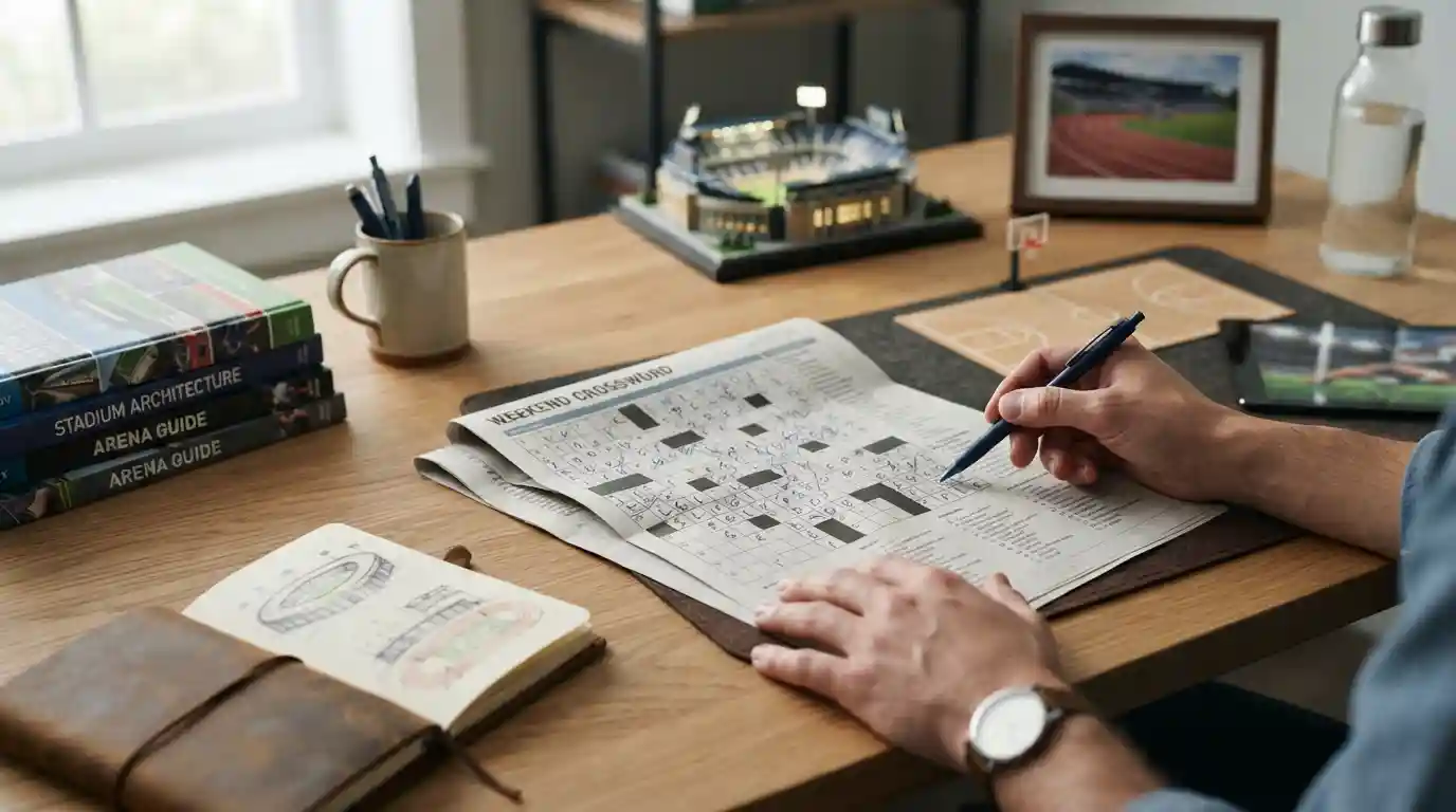 Crossword puzzle with sports venue imagery including a stadium, arena, court, and running track