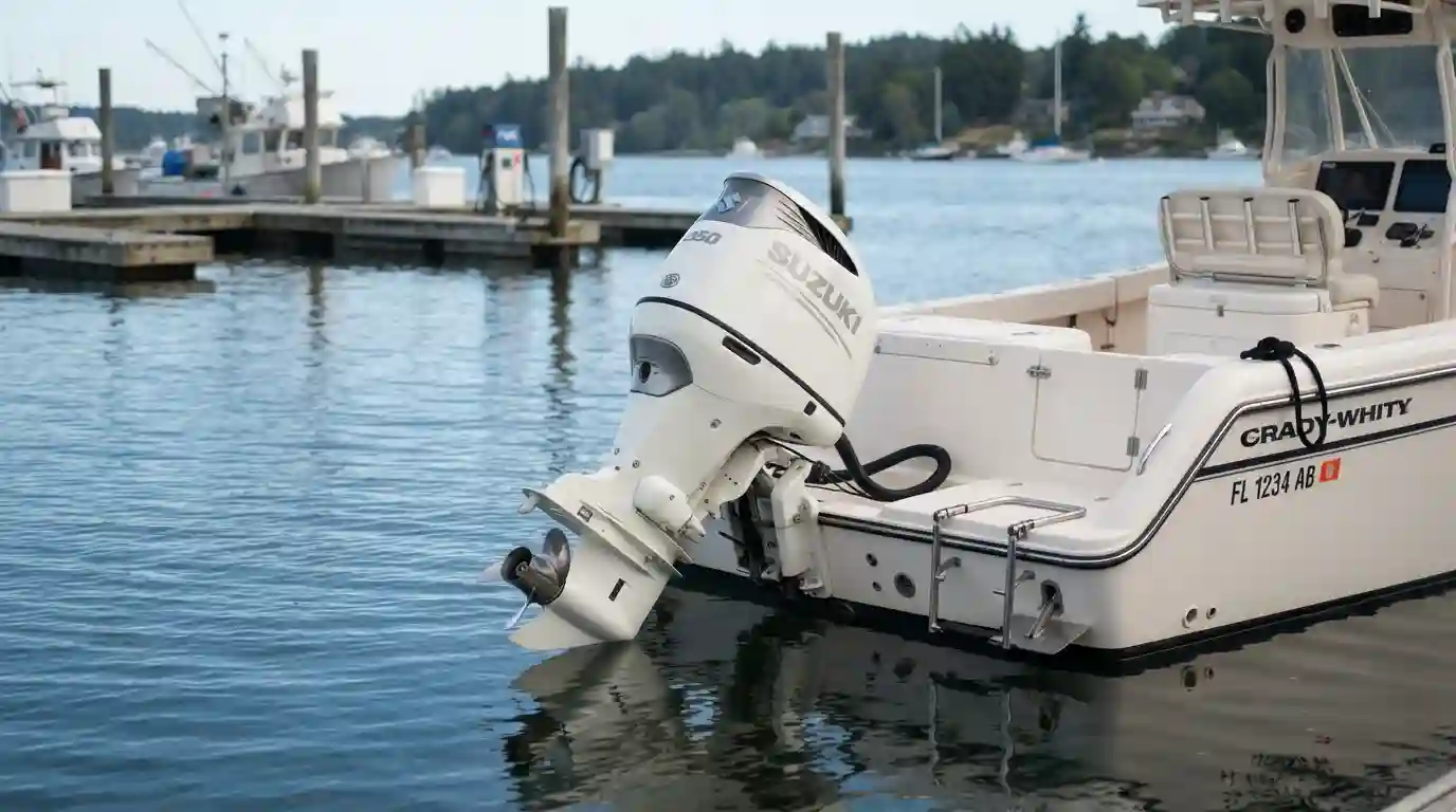 Suzuki outboard motor mounted on a recreational boat over calm water