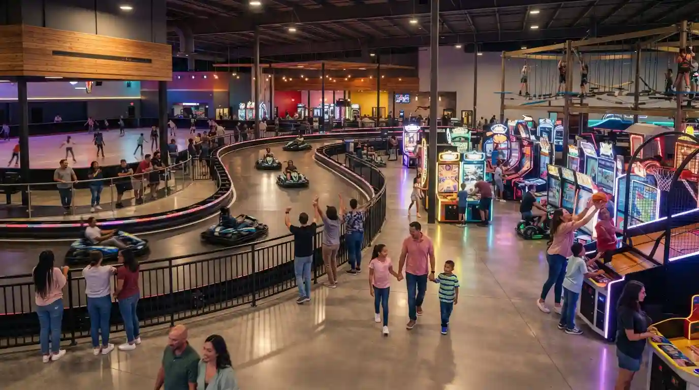 Families enjoying attractions inside a modern Texas entertainment center