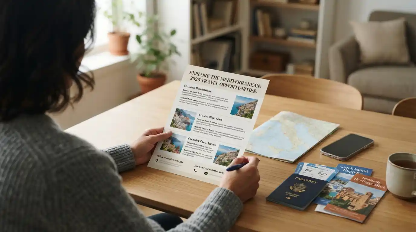 Traveler reviewing a travel event mailer alongside a passport, map, and travel documents.