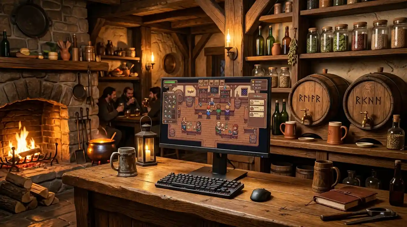 A gaming monitor displaying a cozy tavern-management game beside brewing barrels and wooden shelves.