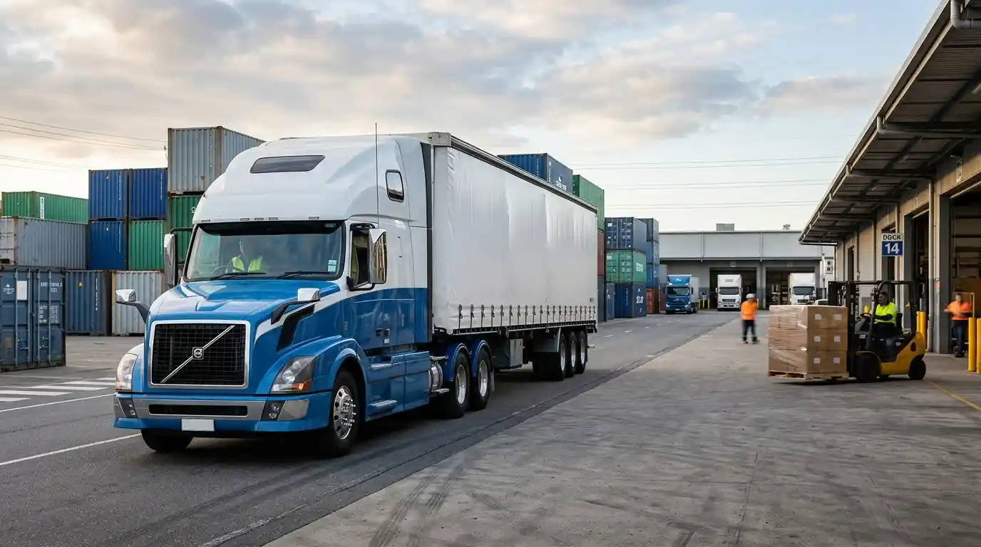 Freight truck transporting commercial cargo at a logistics distribution center.