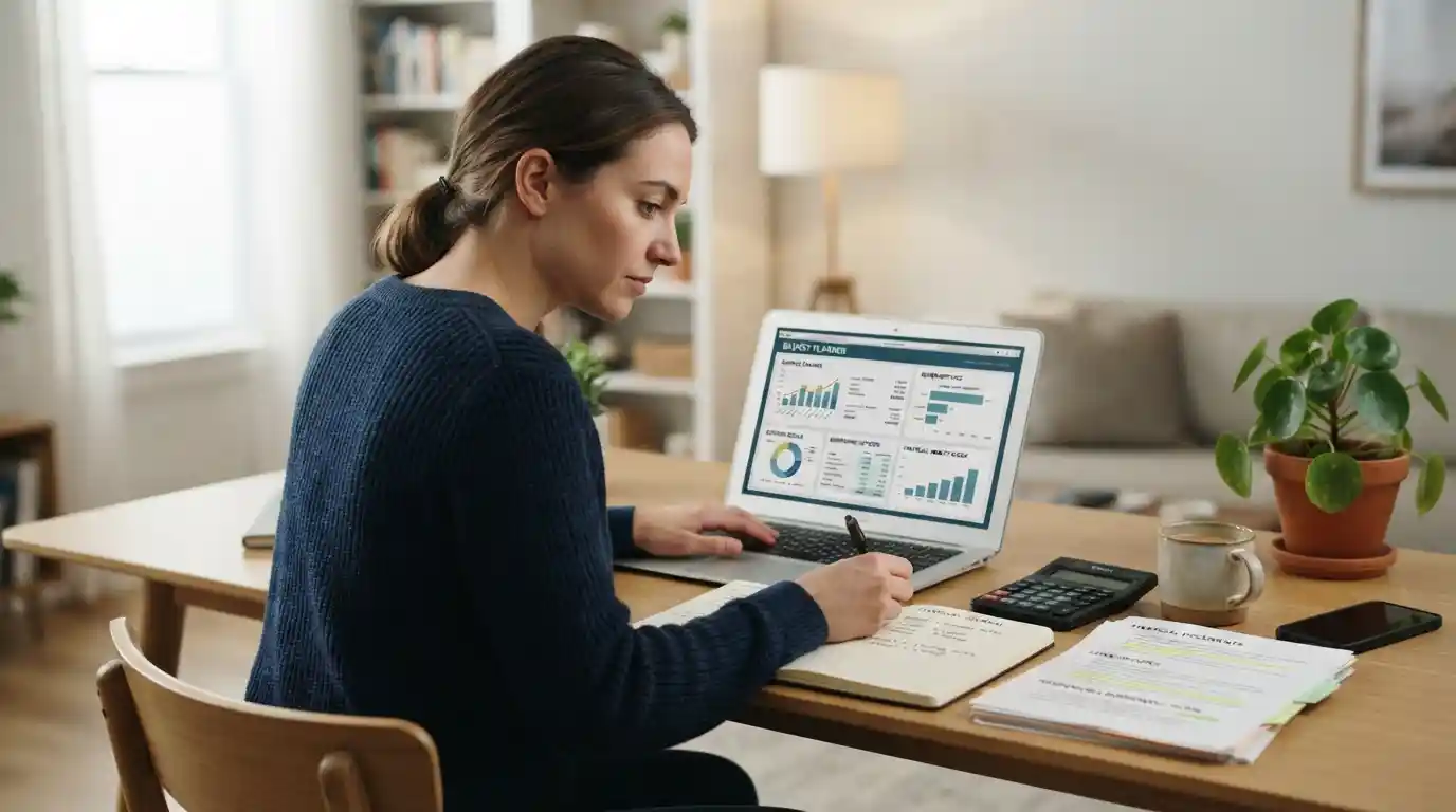 Person reviewing financial documents and budgeting information on a laptop