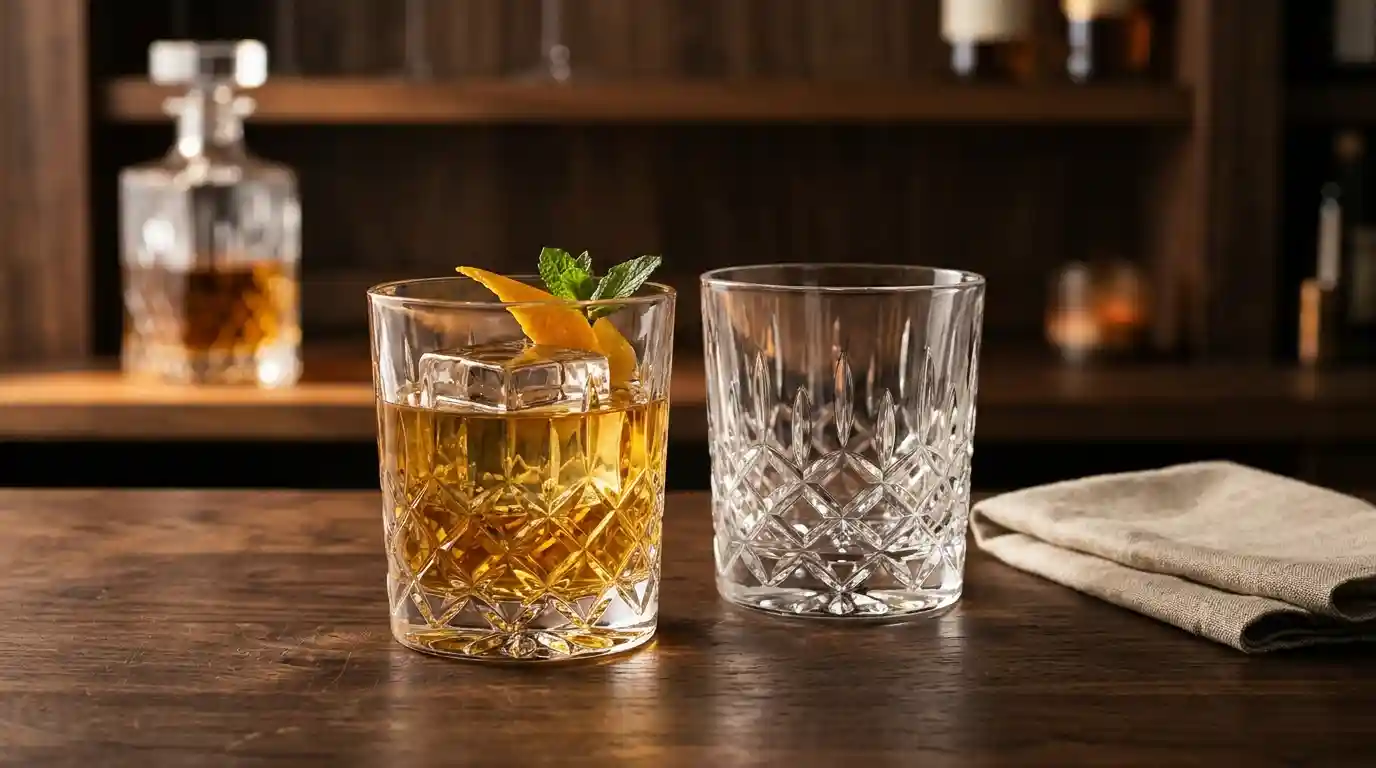 Cut-crystal double old fashioned tumblers displayed on a dark wooden bar, with one glass holding an amber drink and ice.
