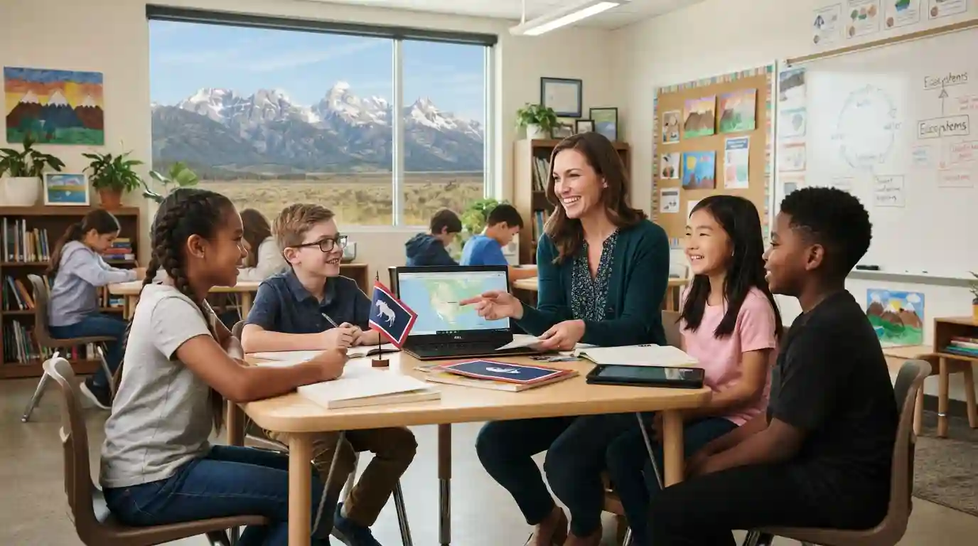 Teacher working with students in a Wyoming classroom with a mountain landscape outside