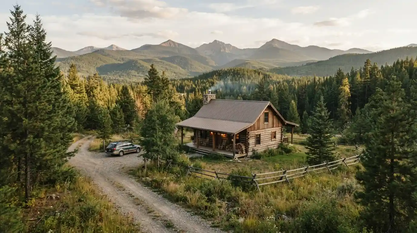 Rustic Montana home surrounded by evergreen forest and mountain scenery in the Yaak Valley