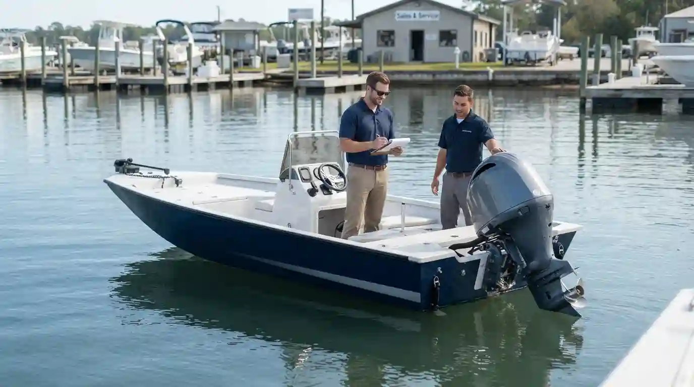 Yamaha outboard motor mounted on a recreational boat during a financing and purchase planning process